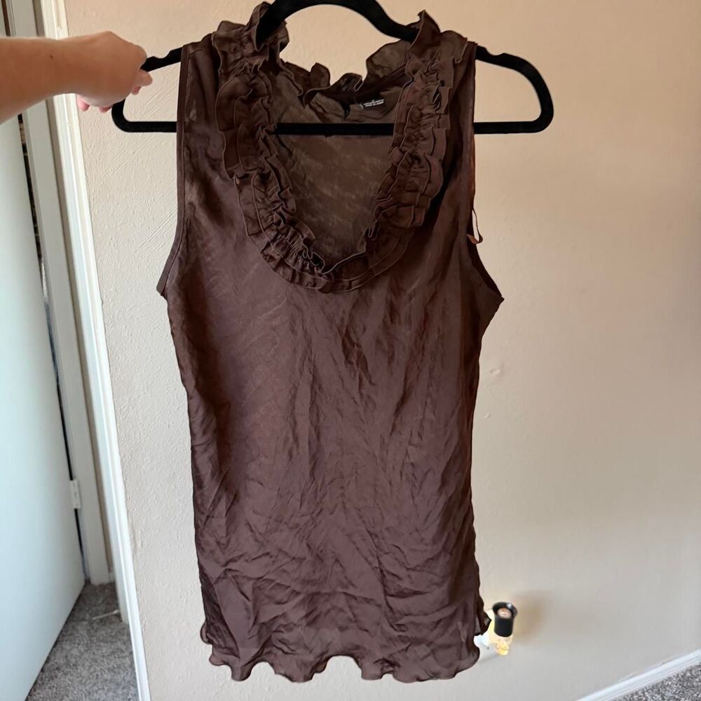 New directions Brown Oversized Drapey Ruffle Blouse